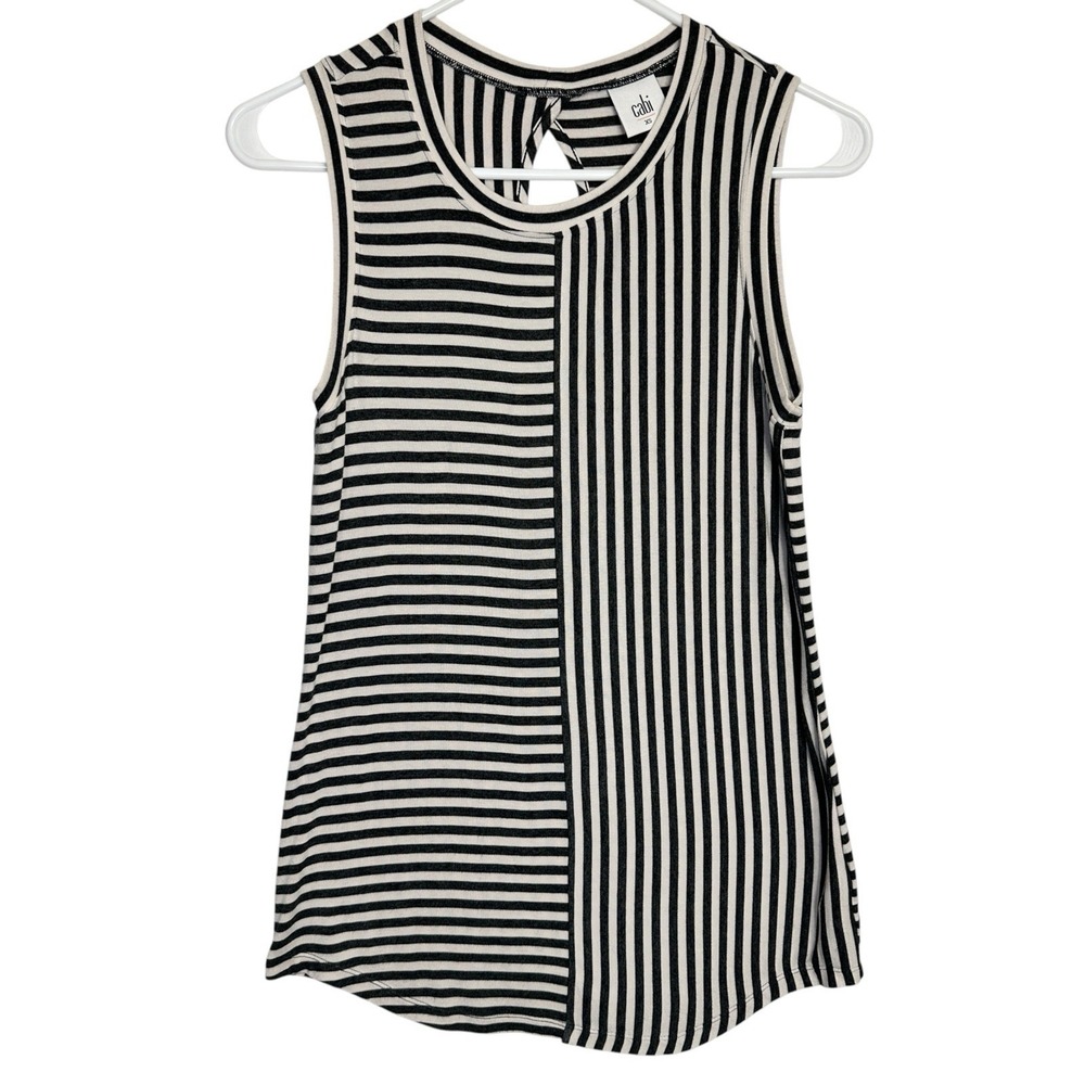 Cabi London Tank Top XS Style 3417 Charcoal Cream Striped Keyhole Sleeveless
